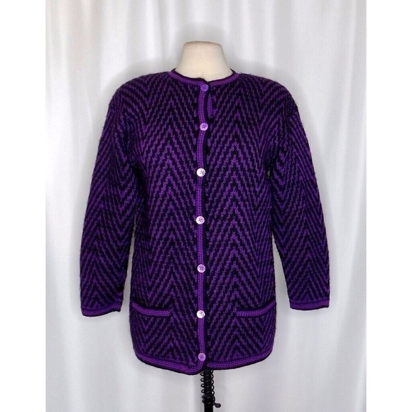 Vintage CARLISLE Purple & Black Chevron Stripe Wool Cardigan Sweater Medium - Picture 3 of 11